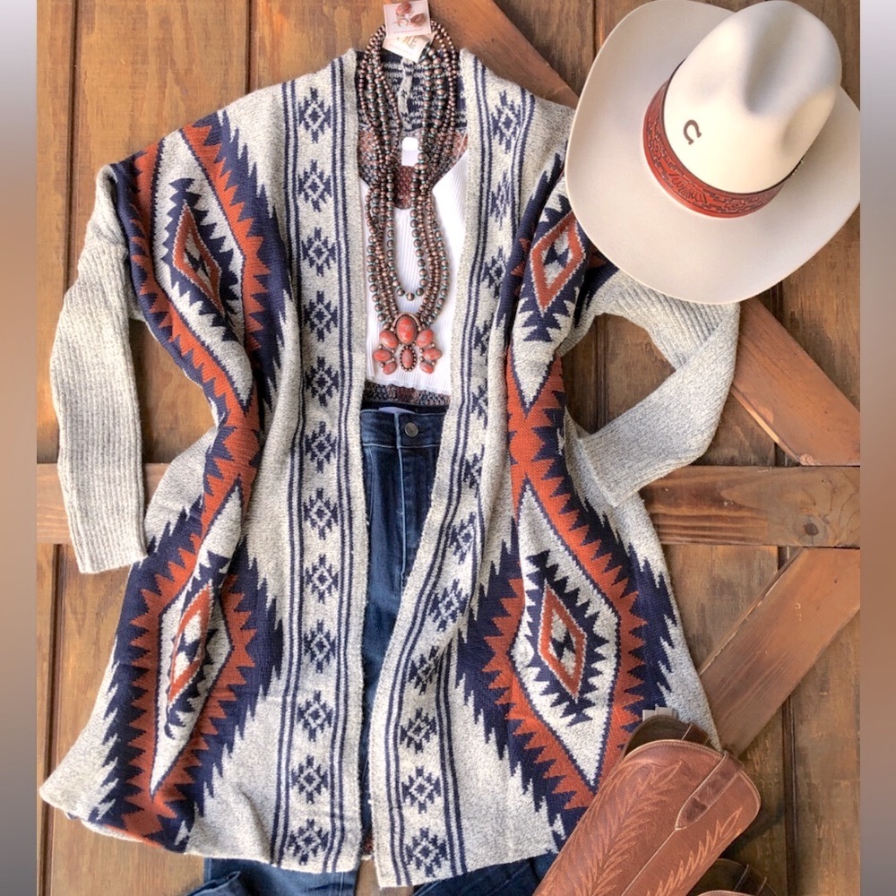 New Aztec Print Knit Cardigan Long Cozy Winter Sweater - Picture 2 of 5